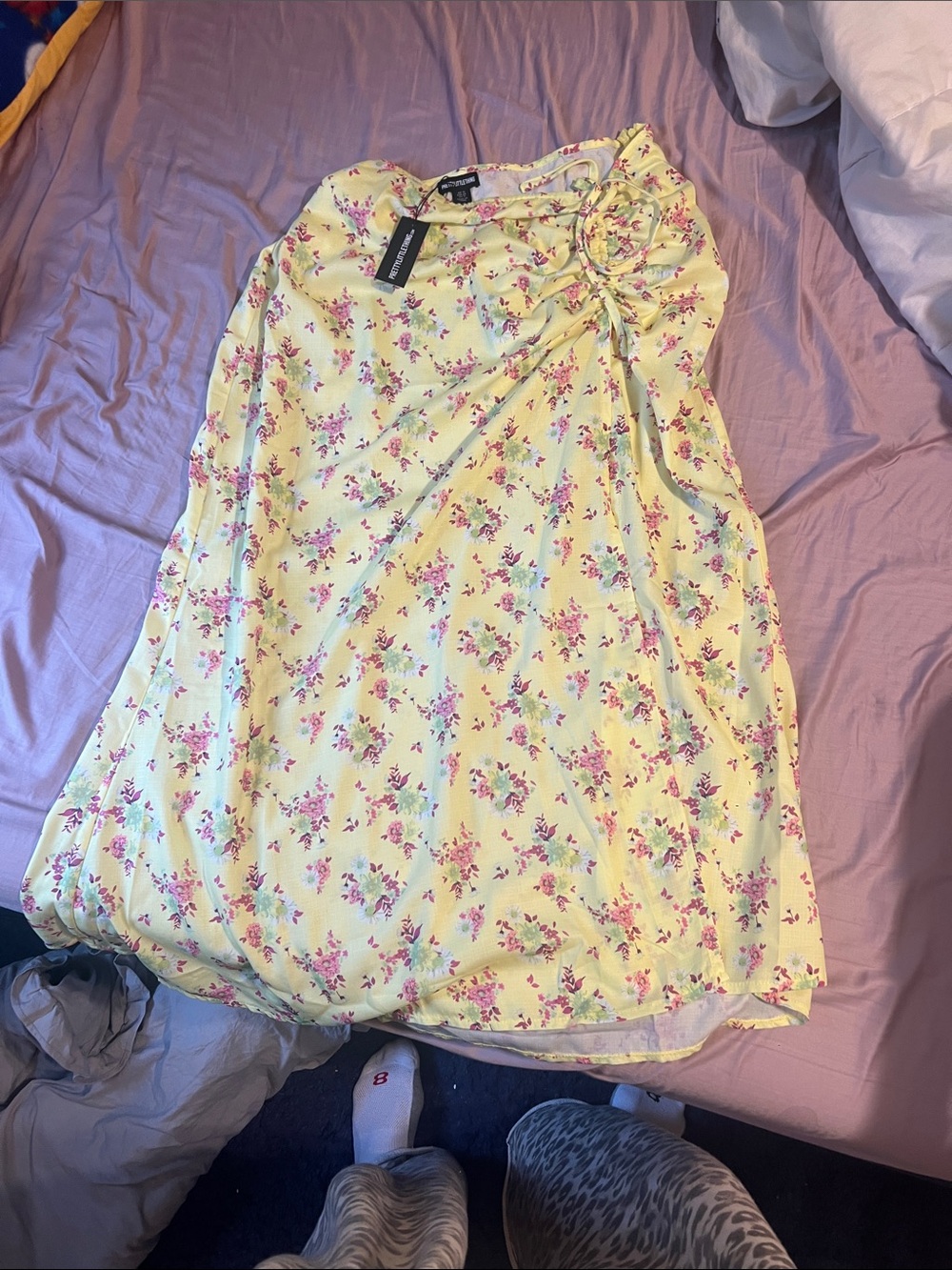 PrettyLittleThing Yellow Floral Tea Dress with Pink Blooms